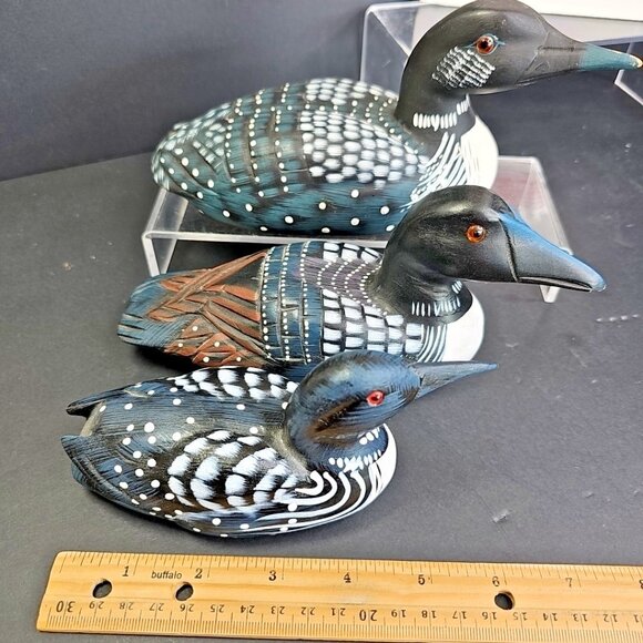Wood Duck Carvings Handmade In Canada 3pc Loon Bird Watching Decoy? Decor - Picture 14 of 16